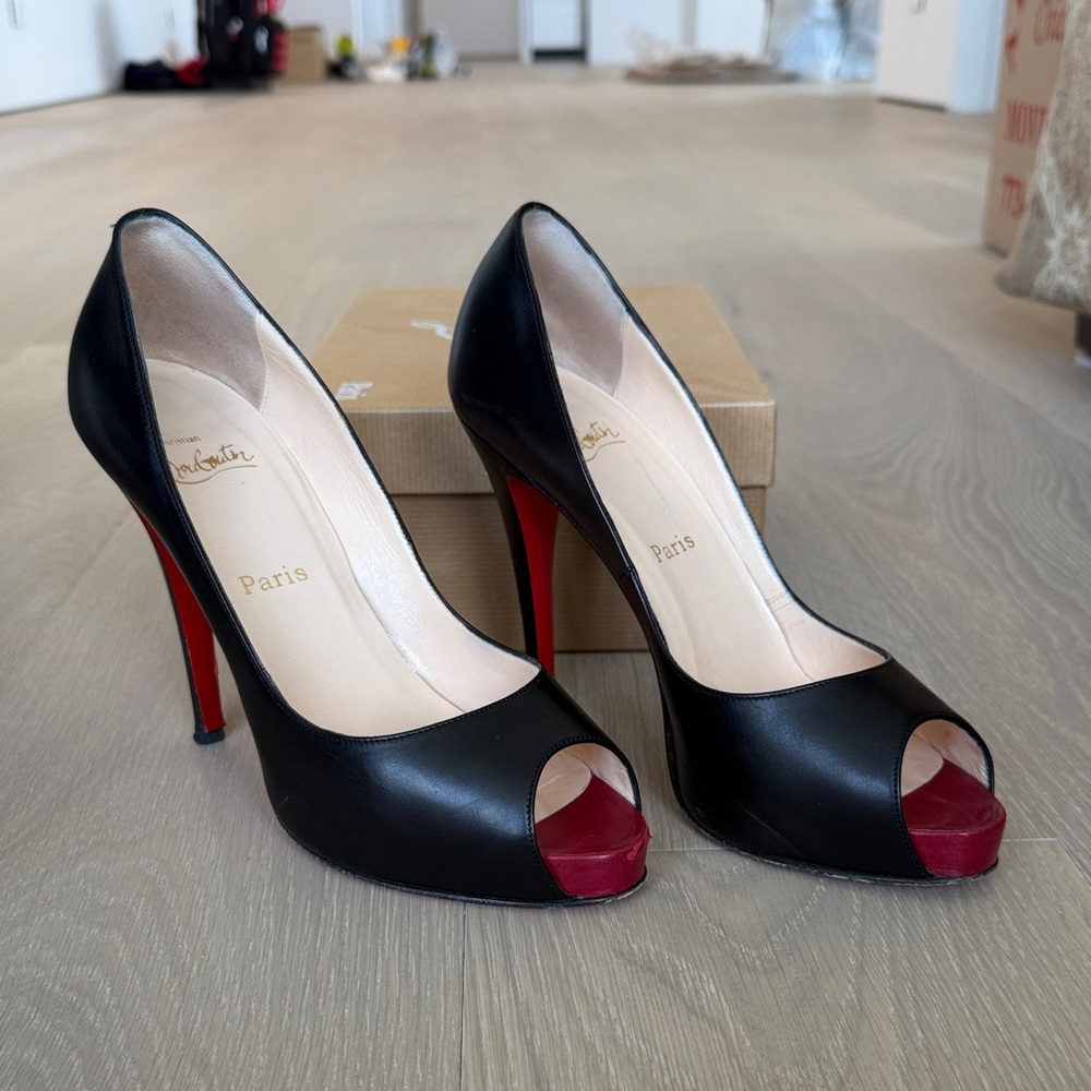Christian Louboutin Black Leather Peep-Toe Heels with Red Soles